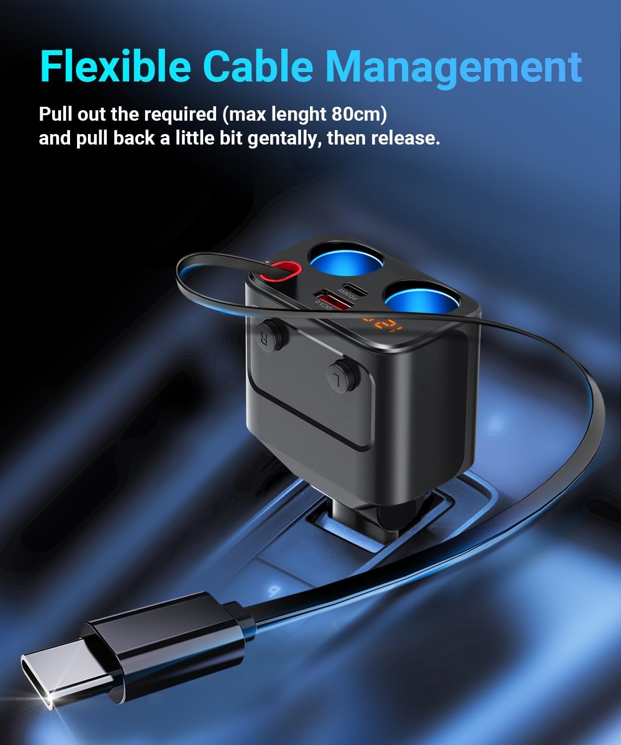 180W Retractable Car Charger Cigarette Lighter Splitter, 5 in 1 USB Fast Car Phone Charger with Retractable Cable 2 USB Ports, 2 Cigarette Lighter Socket with Separate Switch LED Voltmeter