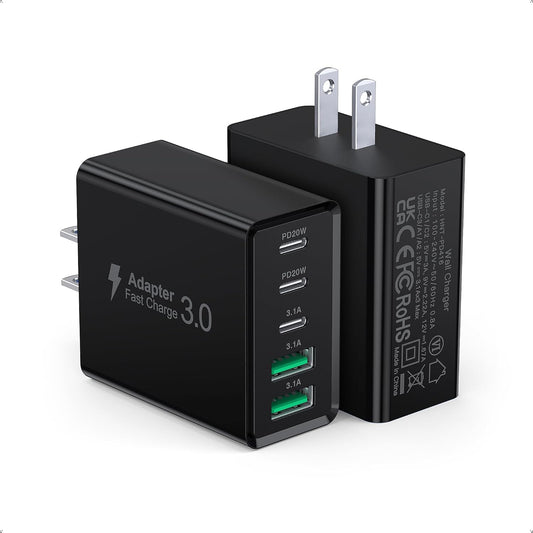 [2-Pack] USB C Wall Charger, 50W Type C Charger Block 5-Port Fast Charging Blocks,3USB C+2USB A Multiport Plug,PD Power Adapter Brick Cube for iPhone 16/15/14/13/12/Pro,iPad,Samsung,for Switch（Black）