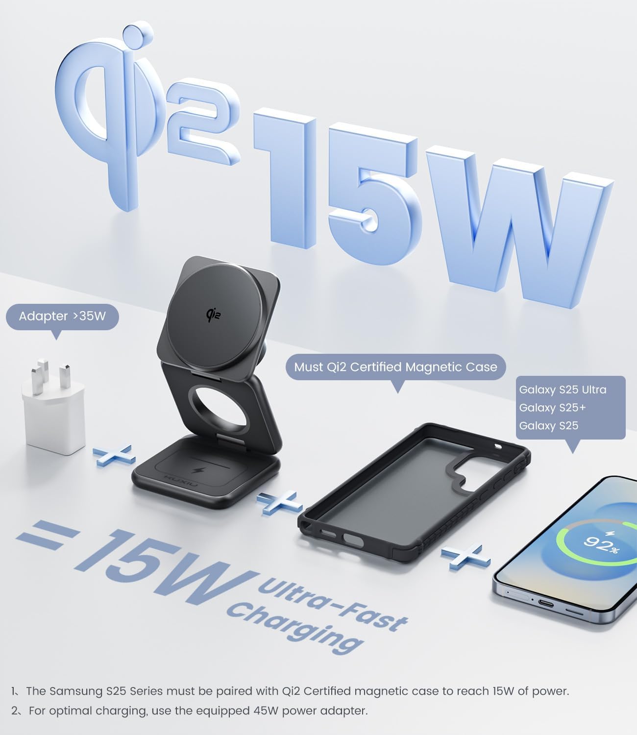 Qi2 Certified 3 in 1 Charging Station for Samsung, Aluminum Alloy Foldable 15W Wireless Charger for Galaxy S25 Series Z Flod 7, Fast Charger for Galaxy Watch Ultra, for Galaxy Buds