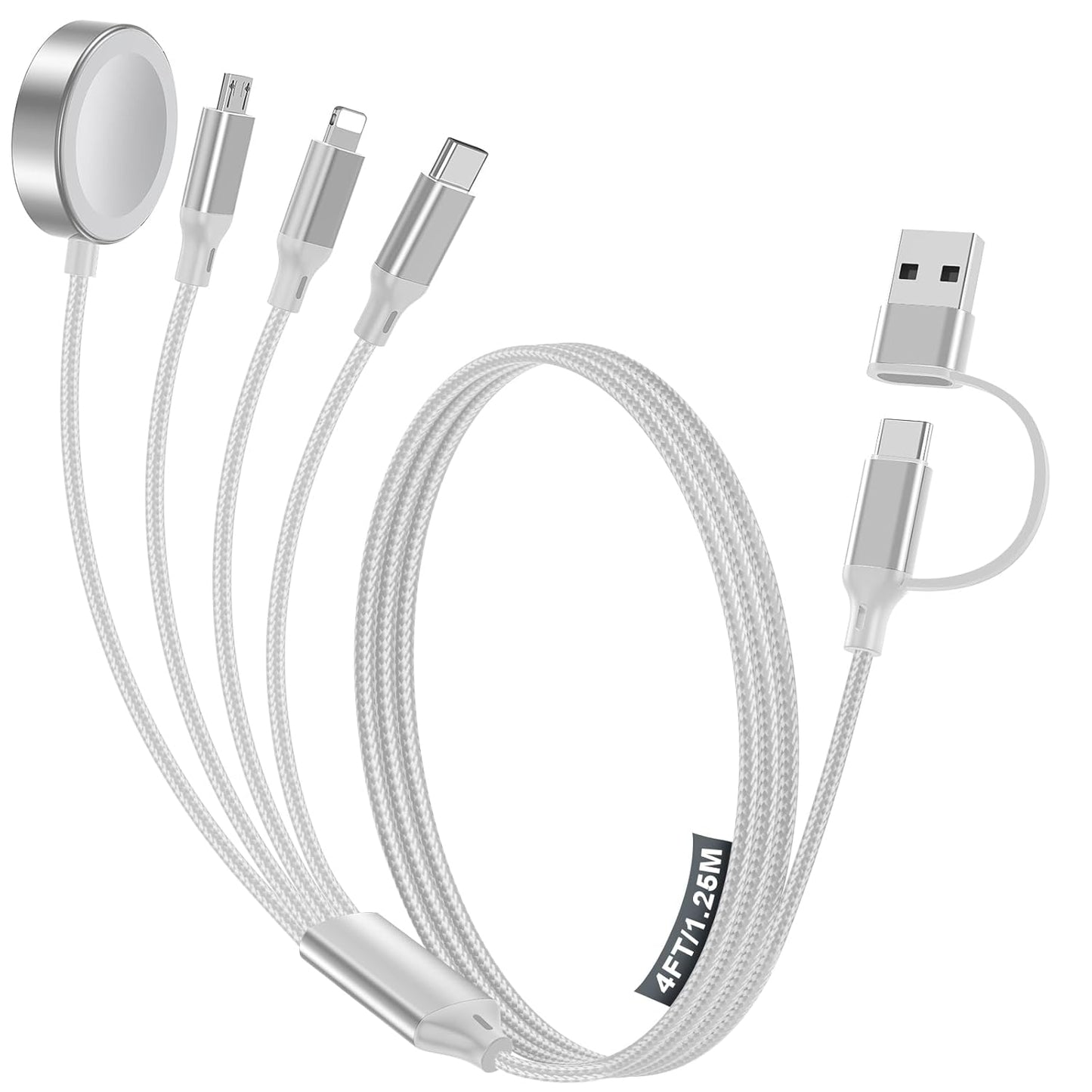 4-in-2 Multi Charging Cable for Apple Watch Charger/Samsung/iPhone Charger,Car/Office/Camping/Travel Essentials,Type C Cable Cord for iWatch Ultra/10-2/iPhone 16-11/Samsung S25-S20,iPad,airPods-White