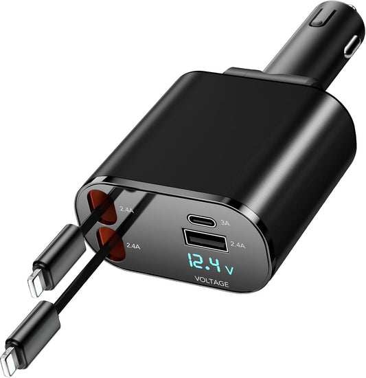 Retractable Car Charger Compatible with iPhone 16, 4 in 1 Fast Charging 60W, Car iPhone Charger with Car Retractable Cable and 2 USB Ports for iPhone 15 14 13 12