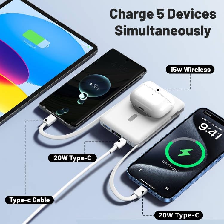 Azmuth for Magsafe Battery Pack, 10000mAh Magnetic Power Bank 22.5W PD Fast Charging with USB-C Cable LED Display Wireless Portable Charger with Stand for iPhone 16/15/14/13/12/Pro (White)