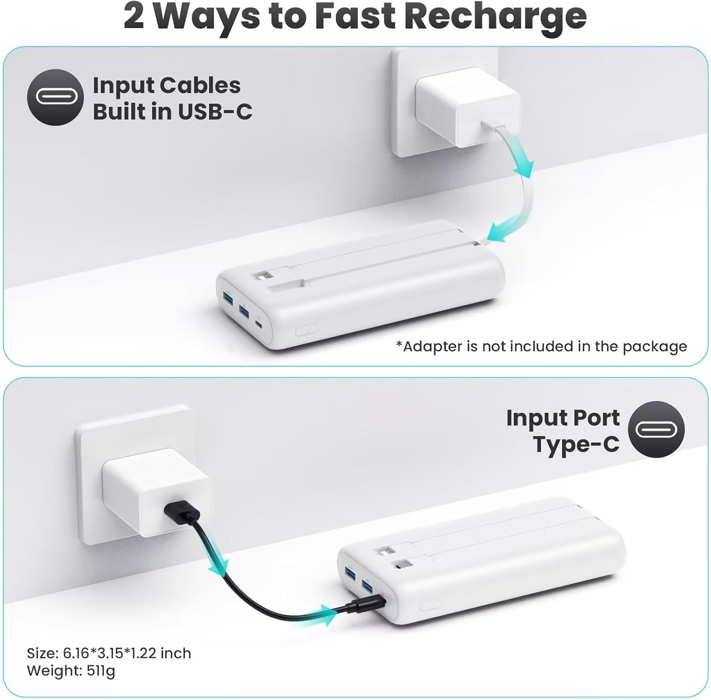 Upgraded Portable Charger 40800mAh Power Bank - Portable Battery with 2 Built in Cables,PD 25W USB C Fast Charging Battery Pack Compatible with iPhone 16 15 14 13 Android Phone etc-White