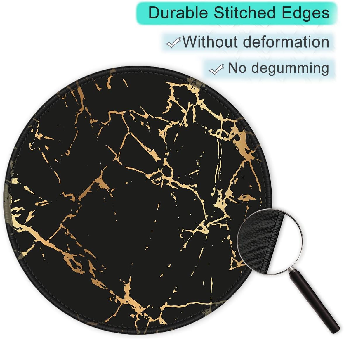 ITNRSIIET Round Mouse Pad with Stitched Edge Premium-Textured Waterproof Non-Slip Rubber Base Desktop Protection Mat Diameter 8.7 inches, Gold Texture Black Marble