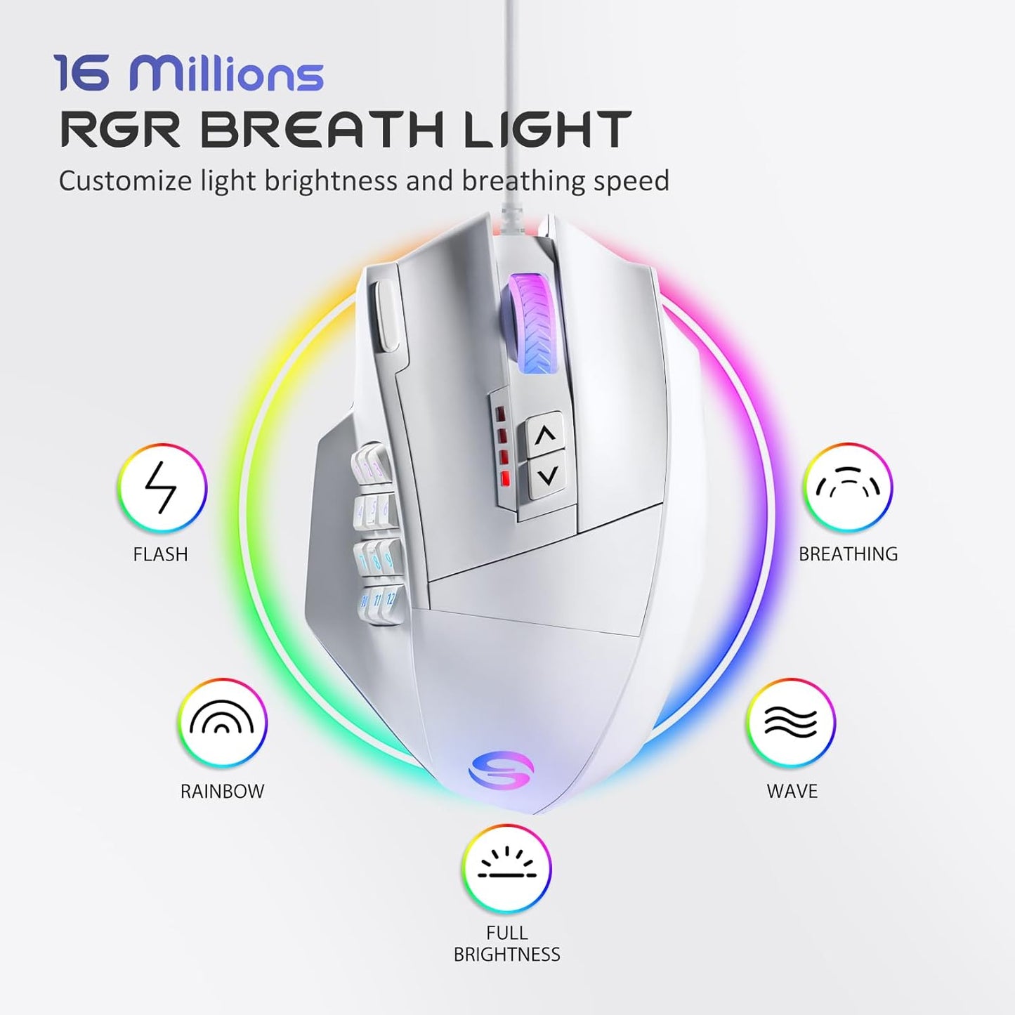 UtechSmart Venus Gaming Mouse RGB Wired, 16400 DPI High Precision Laser Programmable LED MMO Computer Gaming Mice with 12 Side Buttons