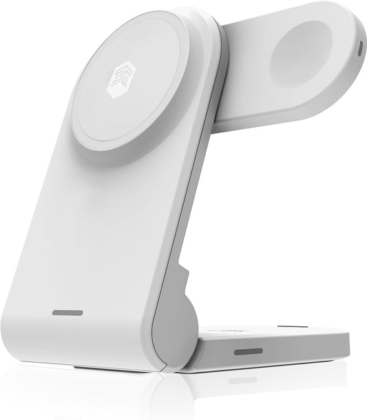 STM ChargeTree Mag: 3-in-1 MagSafe Wireless Charging Station for iPhone 16, 15, 14, 13, & 12 Series, Apple Watch, and AirPods - Foldable and Space-Saving Dock - White
