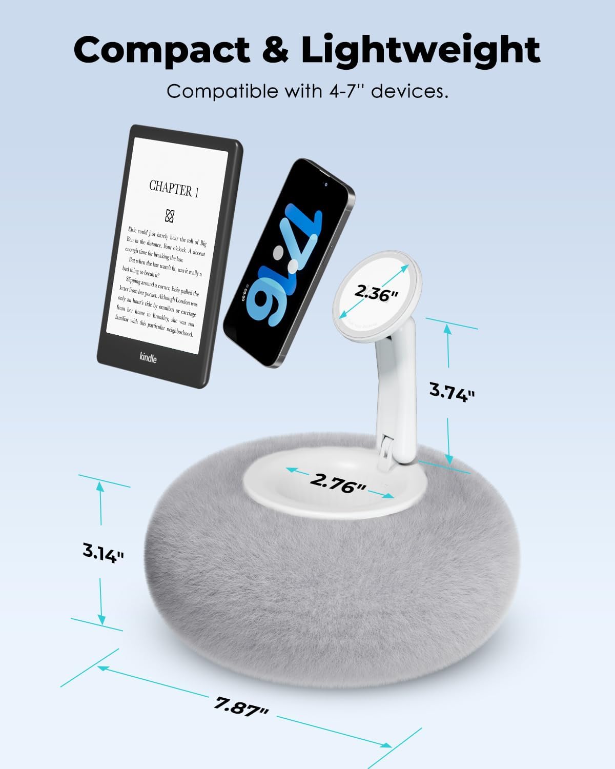 Viozon Phone Holder for Bed, Magnetic Pillow Stand, Compatible with 4-7" Phone/Kindle with Small Storage, Removable Suction Base for Stability, Idea for Kindle Reading and Video Watching On Bed,Grey