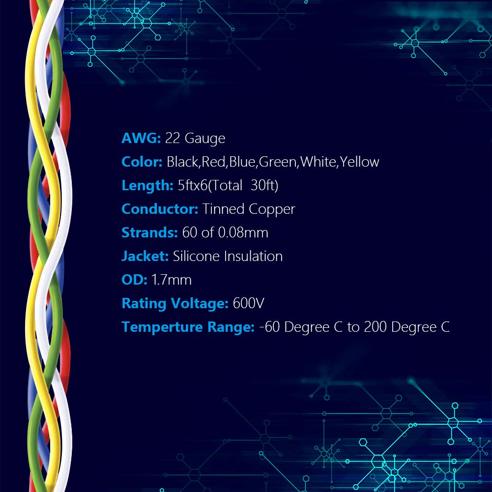 Fermerry 22 AWG Stranded Wire Spool 5ft Each 6 Colors Flexible 22 Gauge Silicone Hook up Wire Kit Electrical Tinned Copper Wire
