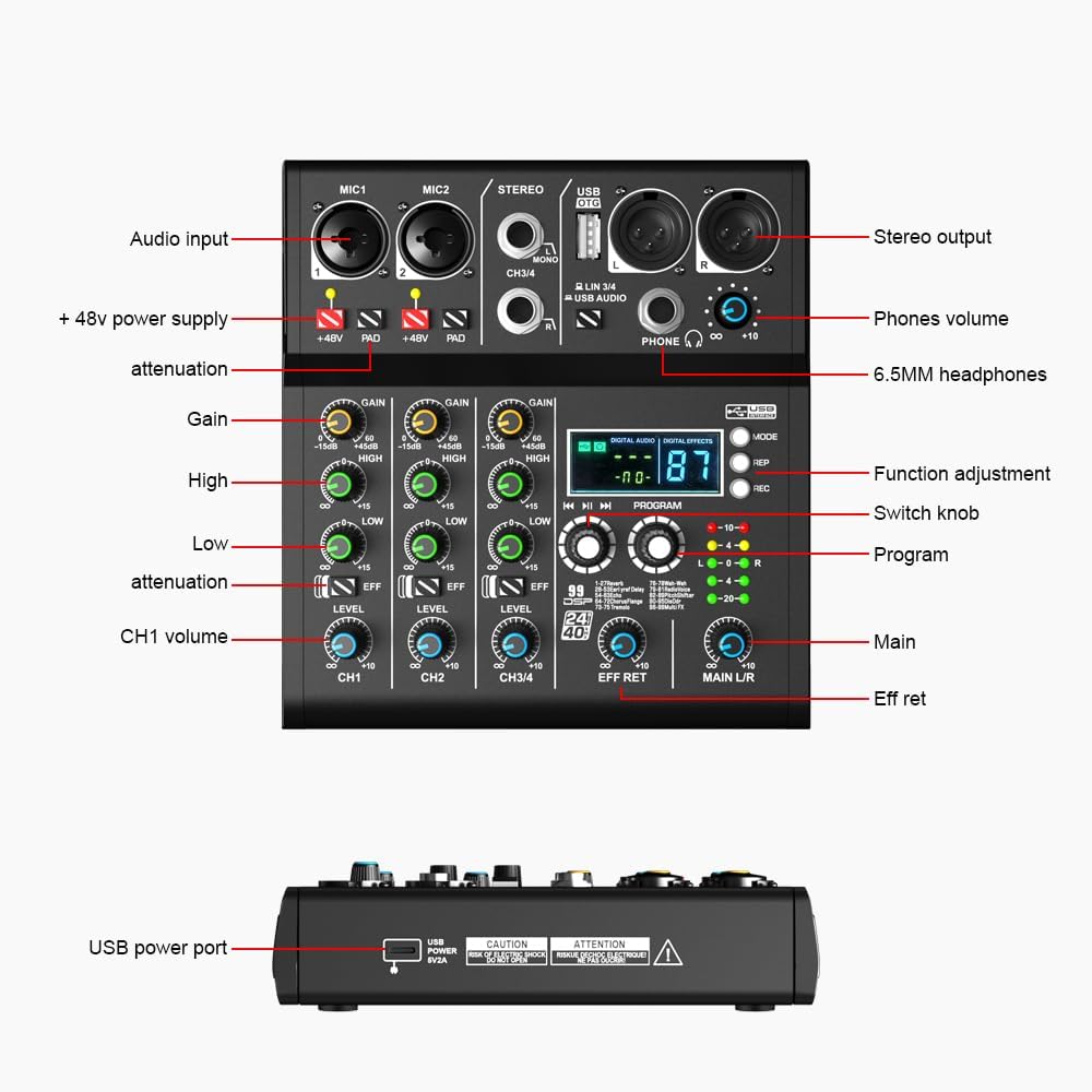 mw-4 black 4Channel Audio Mixer with 99 Sound Effects for PC,Portable Sound Mixing Console with BT USB Recording Input for Live Streaming,Podcasting