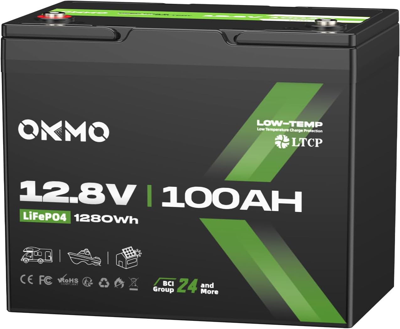 12V 100Ah LiFePO4 Battery, BCI Group 24, Built-in 100A BMS, 1280Wh Rechargeable Deep Cycle Lithium Battery, 15000+ Cycles, Low Temp Protection, for RV, Marine, Solar, Trolling Motor, Home, Off-Grid