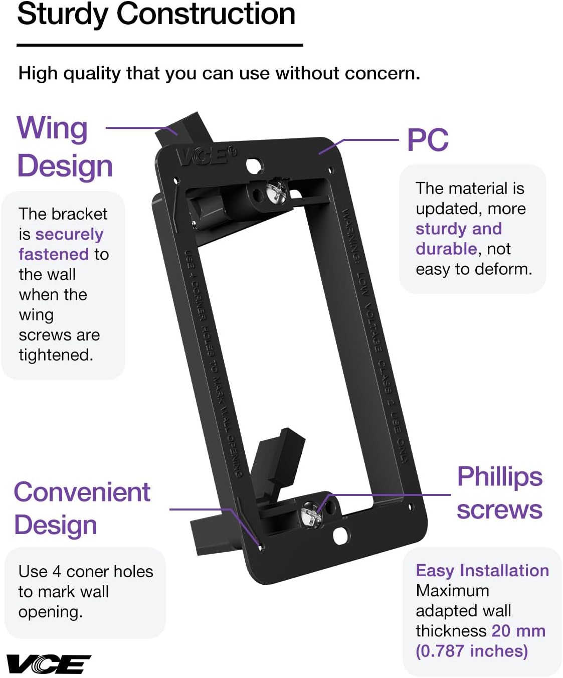 VCE 25-Pack Low Voltage Box for Single Gang Wall Plate, Black Low Voltage Mounting Bracket with Alignment Holes for Easy Drilling Fits Network, HDMI, Coaxial, Speaker, Telephone Cables