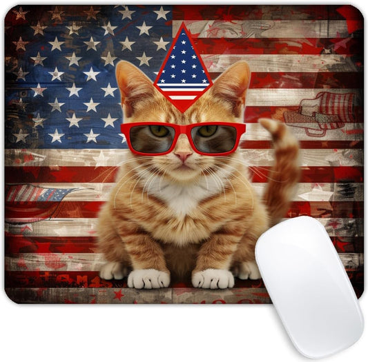 Square Mouse Pad Cat with Patriotic Hat and Glasses Flag-1,Gaming Mouse Pads for Desk,Soft Computer Waterproof Non-Slip Mouse Mat