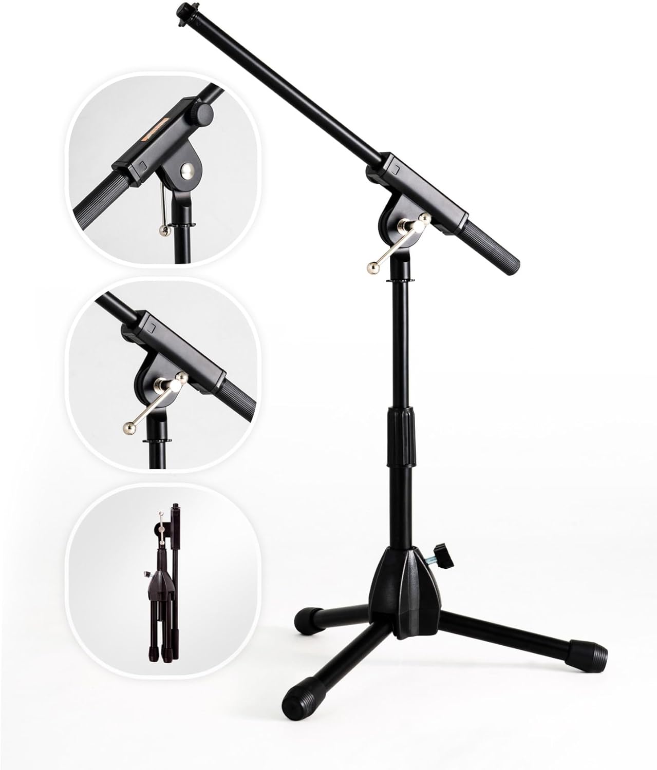 Stage Rocker Foldable Tripod Low-Profile Mic Boom Stand - Height Extending from 9.6'' to 16.9'', w/Adjustable Telescoping Arm Up to 9'', Lightweight/Convenient, Black, Powered by Hamilton(SR610121B)