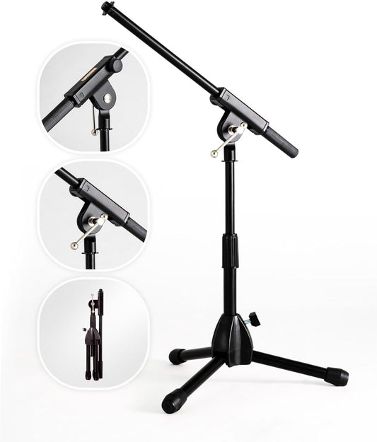 Stage Rocker Foldable Tripod Low-Profile Mic Boom Stand - Height Extending from 9.6'' to 16.9'', w/Adjustable Telescoping Arm Up to 9'', Lightweight/Convenient, Black, Powered by Hamilton(SR610121B)