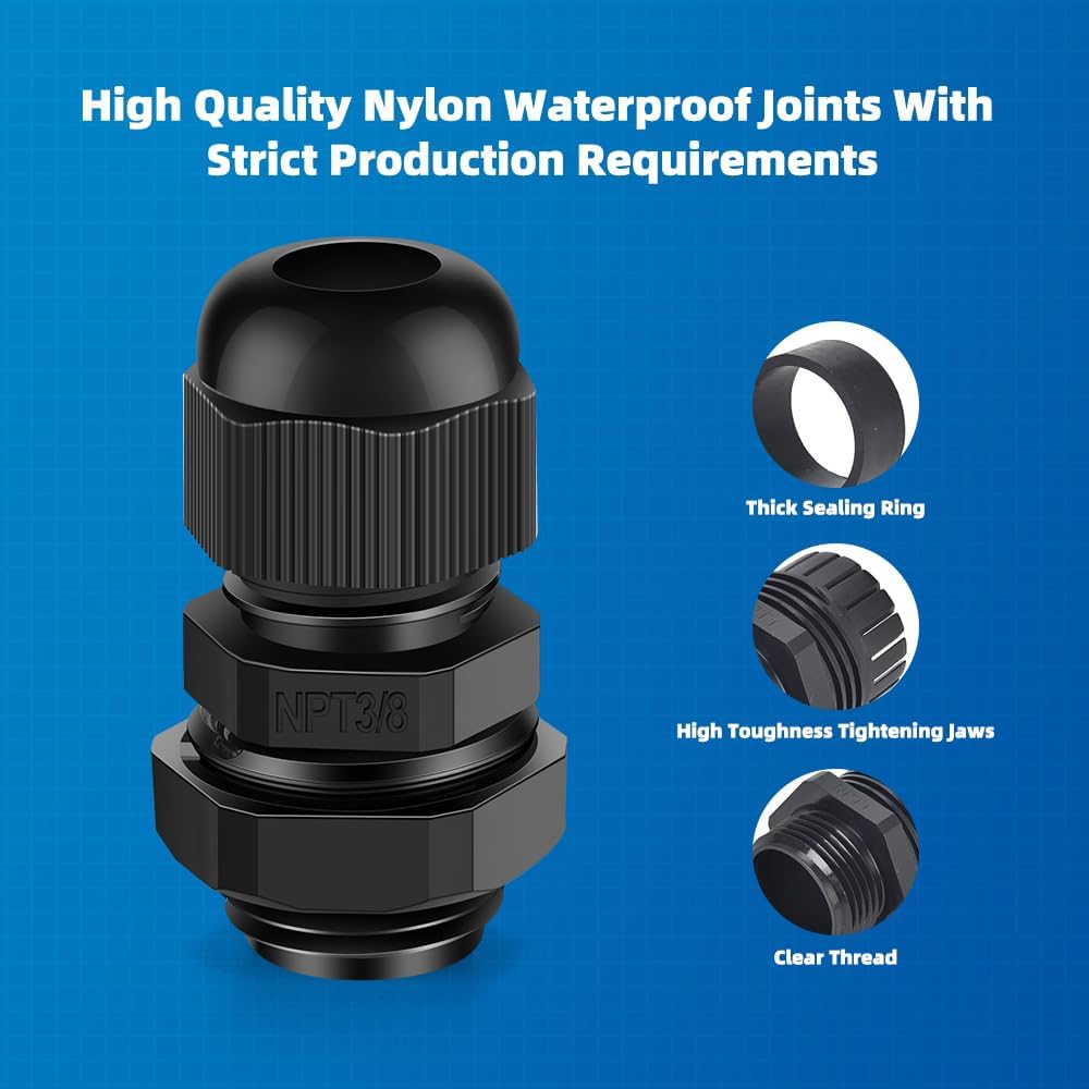 Cable Gland 12 Pack 3/8" NPT Waterproof Adjustable Connector Strain Relief Cord Connectors Joints Nylon with Gaskets…
