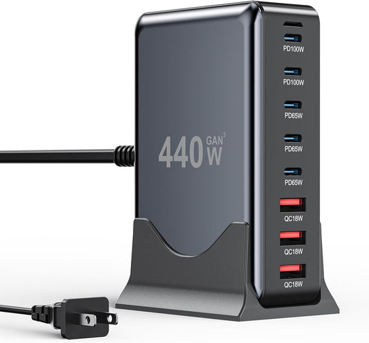USB C Charger Block 440W Charging Station Hub,8 Port GaN III Fast Charging Brick with 5ft Extension Cord,PD QC PPS 100W Laptop Power Adapter for MacBook Pro/Air,iPhone 16/15,Samsung Galaxy,Dell etc