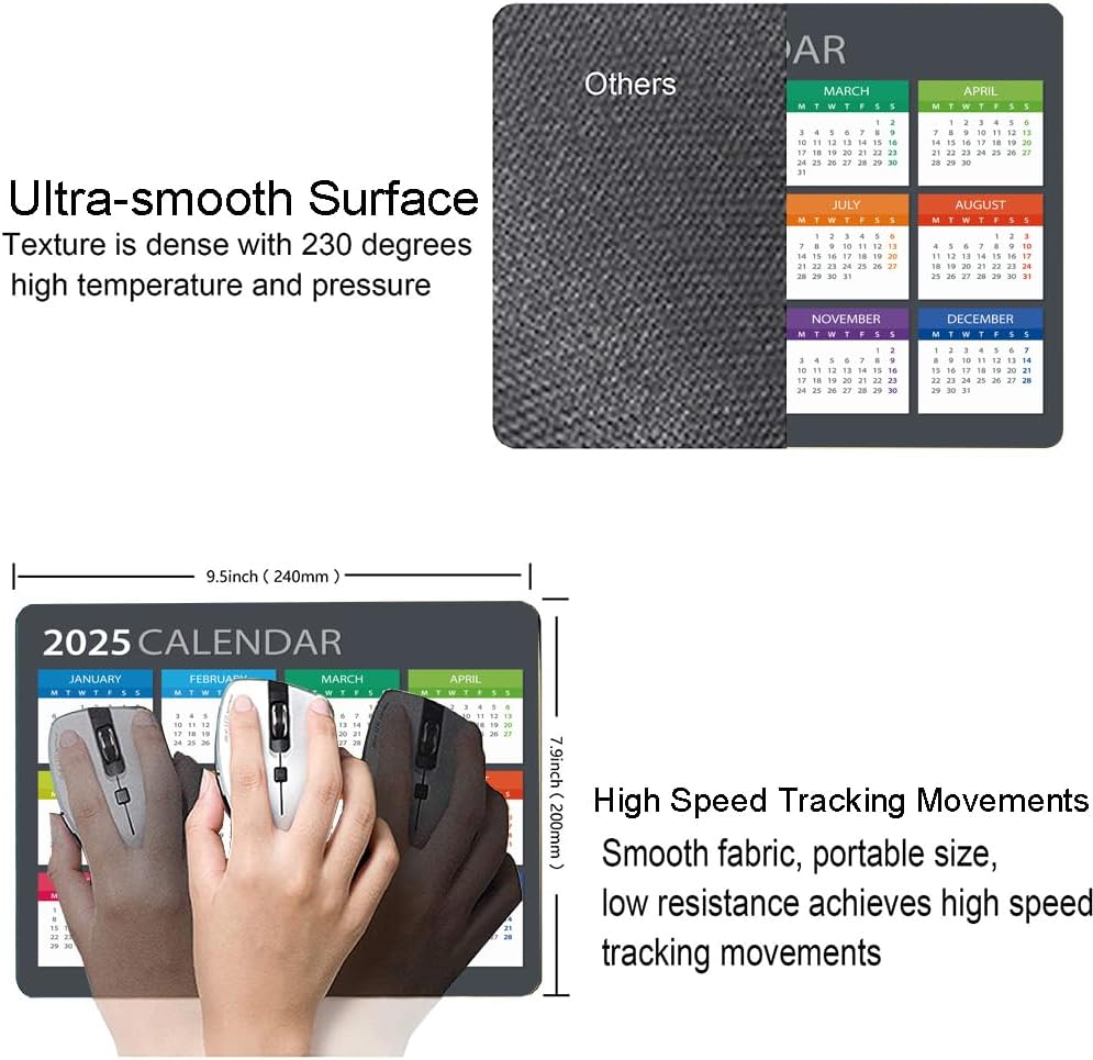 Mouse Pad, Premium-Textured Mouse Mat, Non-Slip Rubber Base Mousepad for Laptop, Computer & PC,9.5×7.9 in,2025 Calendar