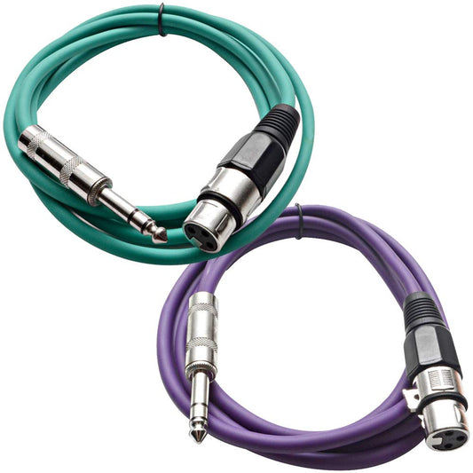 Seismic Audio - SATRXL-F6-2 Pack of 6 Foot 1/4 Inch TRS to XLR Female Patch Cables - Balanced - 6 Foot Patch Cord - Green and Purple