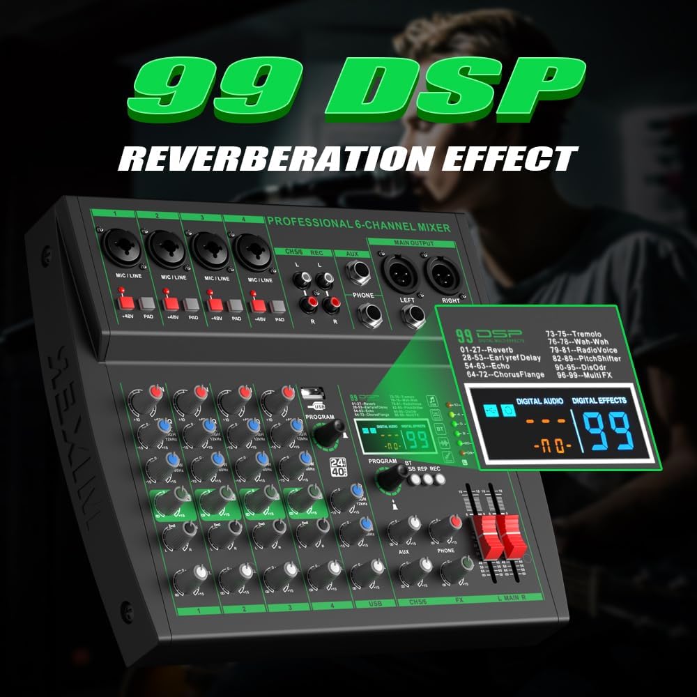 MW-6 black 6-Channel Professional DJ Audio Mixer Portable Controller Mixer with DSP 99 Preset Effects for Live Streaming, Podcasting, Home Party