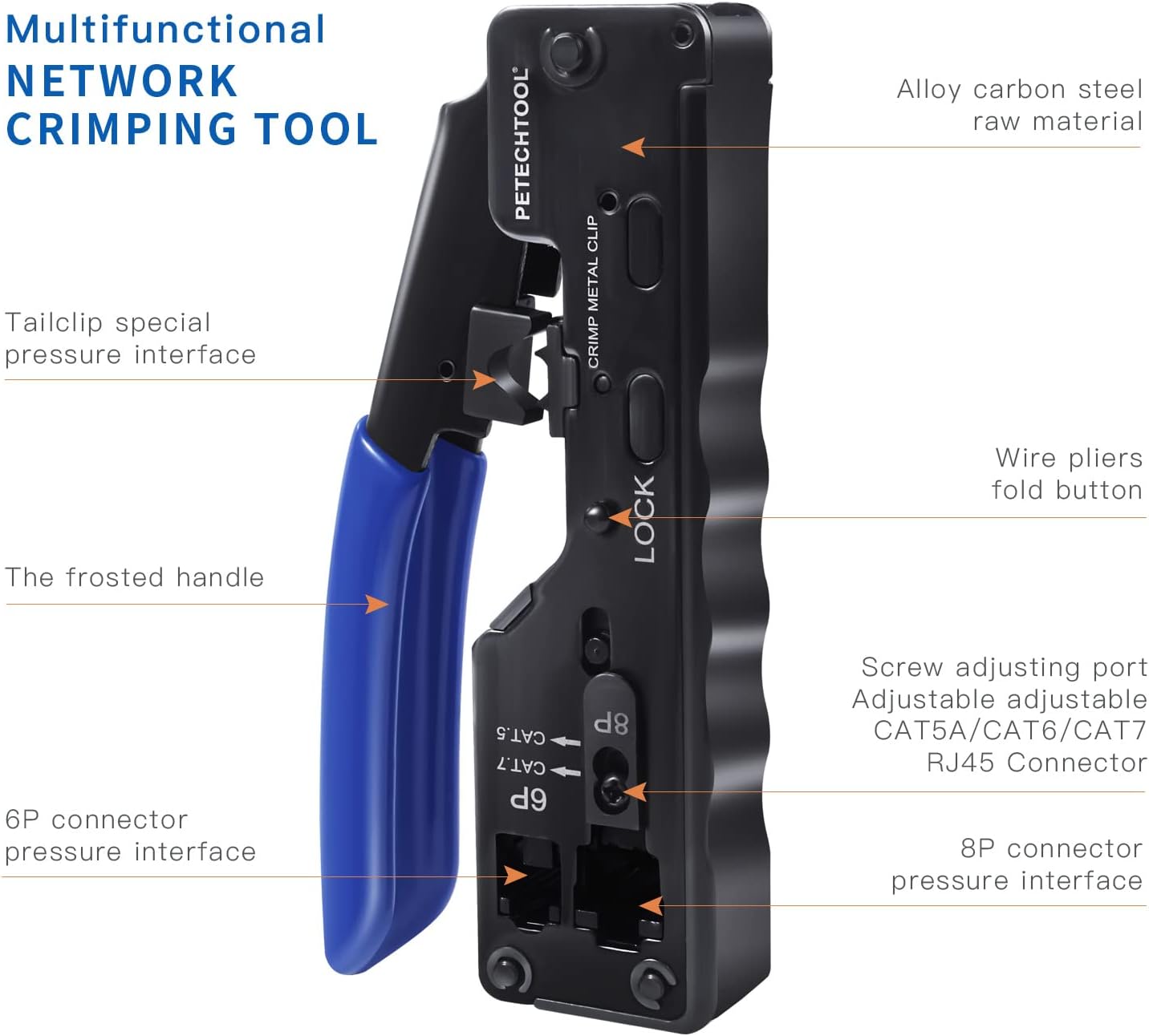 RJ45 Crimp Tool Ethernet Crimping Tool Wire Cutter Crimper For Cat7 Cat6a Cat6 Cat5e Pass Through Connectors