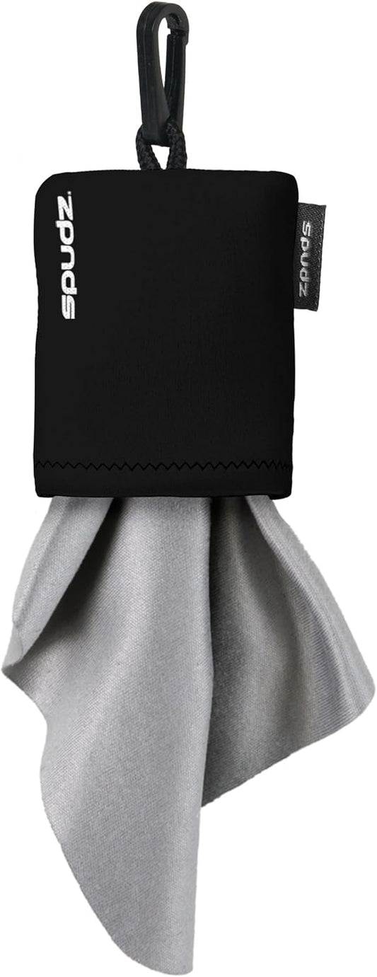 SPUDZ Classic Microfiber Lens Cleaner – Clip-On Pouch, Washable – for Binoculars, Scopes, Glasses, Screens | Black, 6 x 6 Inch (2-Pack)