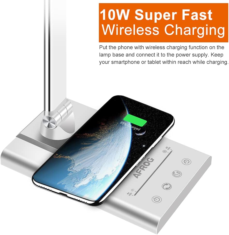 AFROG 5th Gen Multifunctional LED Desk Lamp with 10W Fast Wireless Charger, USB Charging Port,1800Lux Super Bright,5 Lighting Mode,7 Brightness, Touch Control, Auto Timer, 15W Office Table Lamp