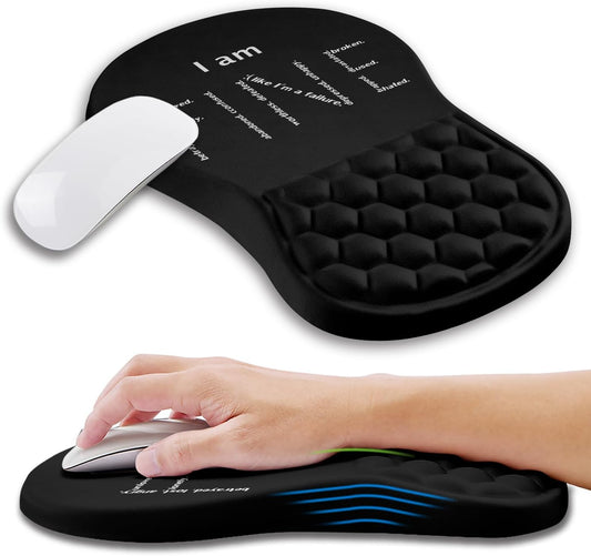 Ergonomic Mouse Pad Wrist Support with Memory Foam Massage Bulge, Carpal Tunnel Pain Relief Mousepad Wrist Rest for Mouse(12x8 inch, I Am Fine)