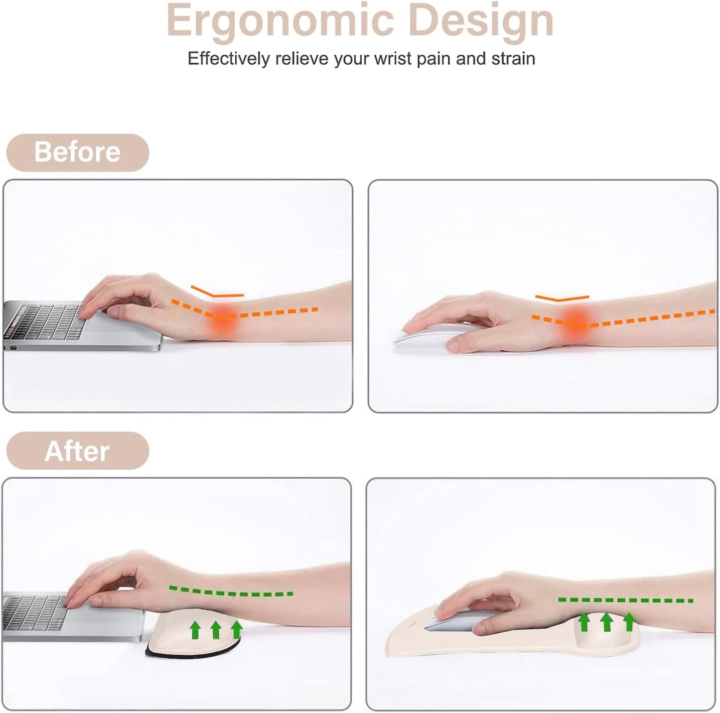 MOSISO Wrist Rest Support for Mouse Pad & Keyboard Set, Ergonomic Mousepad Non-Slip Base Home/Office Pain Relief & Easy Typing Cushion with Neoprene Cloth & Raised Memory Foam, Apricot