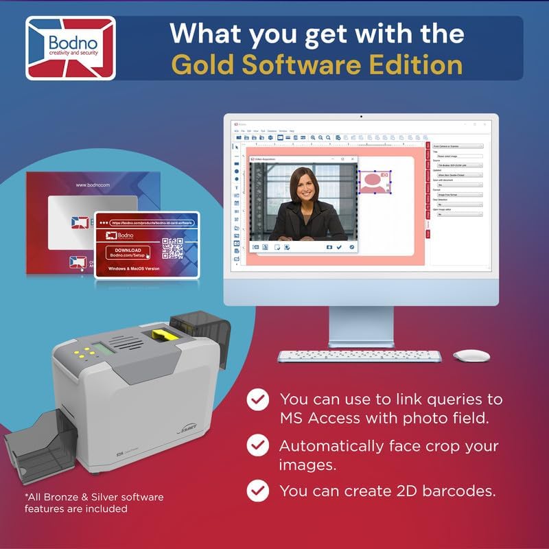 Bodno Seaory S26 Single Sided ID Card Printer & Complete Supplies Package ID Software and Camera - Gold Edition