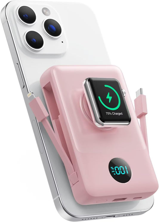 Magnetic Portable Charger 10800mAh with Built-in Cables, 6-in-1 Wireless Power Bank with iWatch Charger, 25W PD Fast Charging USB C Battery Pack for iPhone 16/15/14/13/12,Apple Watch(Pink)