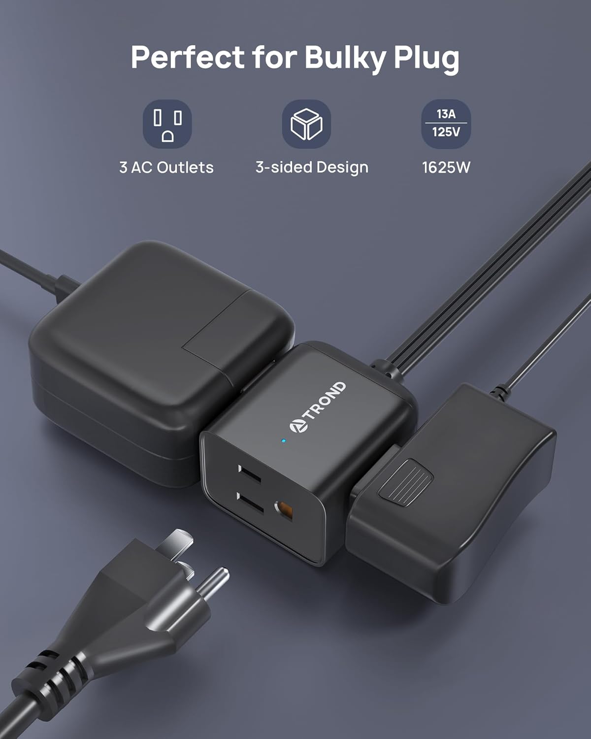 TROND 360° Rotating Flat Plug Extension Cord 1.5ft, Low Profile Small Power Strip, Three Side Grounded Outlet, 13A, Short SPT 16/3 Gauge Cable for Indoor Home Office Cruise Travel Essentials, Black