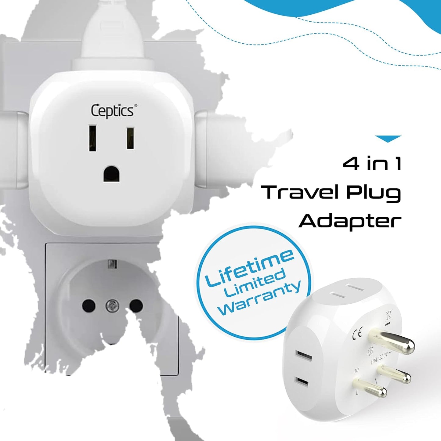 Ceptics India, Pakistan Travel Adapter - 4 Input - Ultra Compact - Light Weight - USA to Any Type D Countries Such as Bangladesh, Maldives and More - 4 Pack (PT-10-4PK)