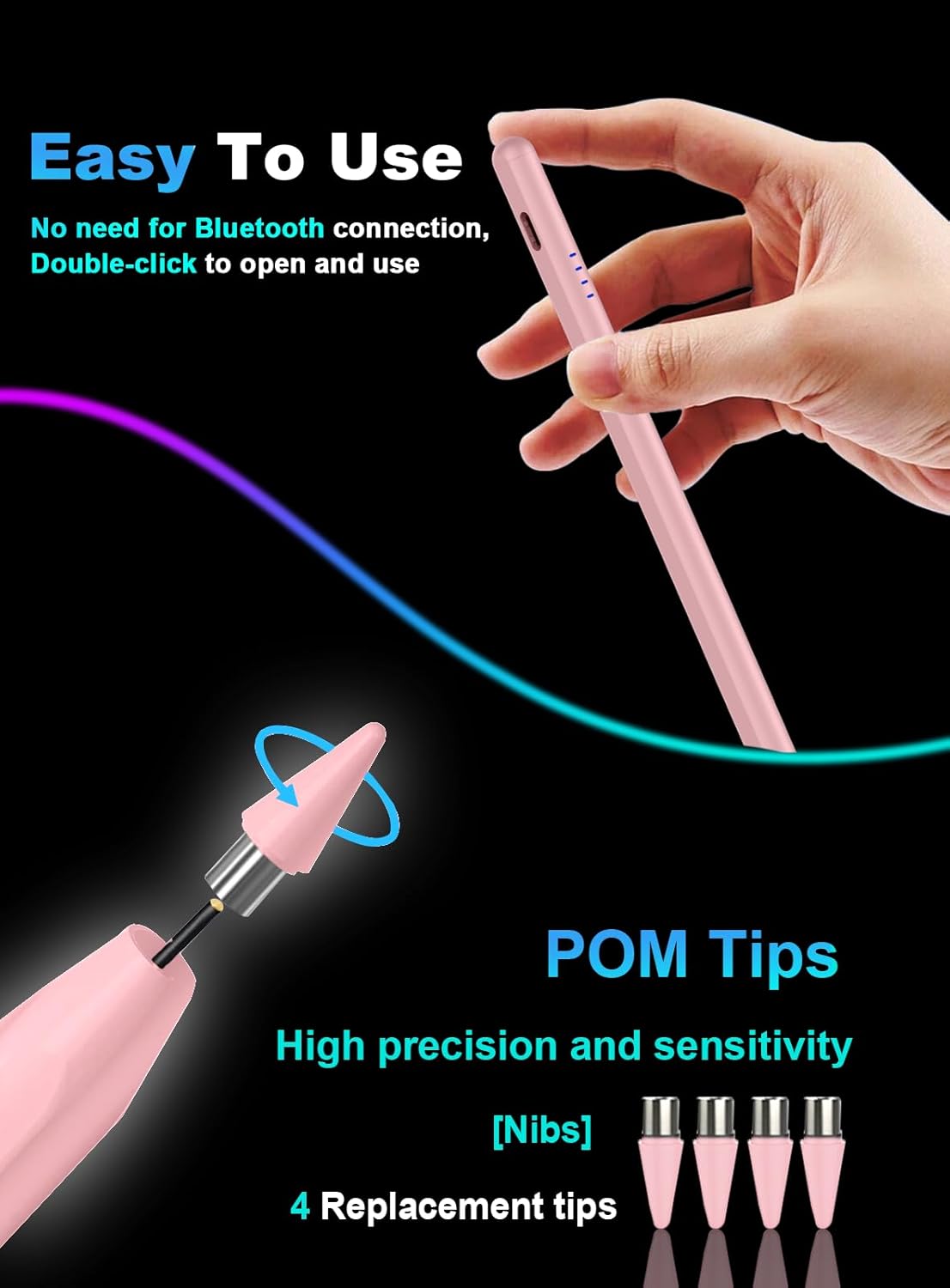 Stylus Pen for Android Tablet/Phone Pom Tips Fast Charge Stylus Pen for iPhone Magnetic Active Pencil Compatible with Samsung A9+, iPhone, Lenovo and Other Android Smartphone and Tablet Devices-Pink