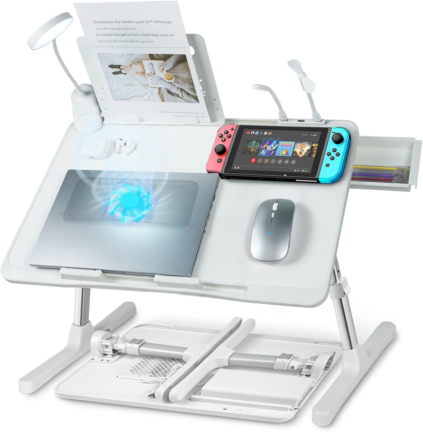 Laptop Lap Desk with Cooling Fan - Adjustable with Light, USB, Storage Drawer - Folding Bed Desk,22.04"*12.59",White