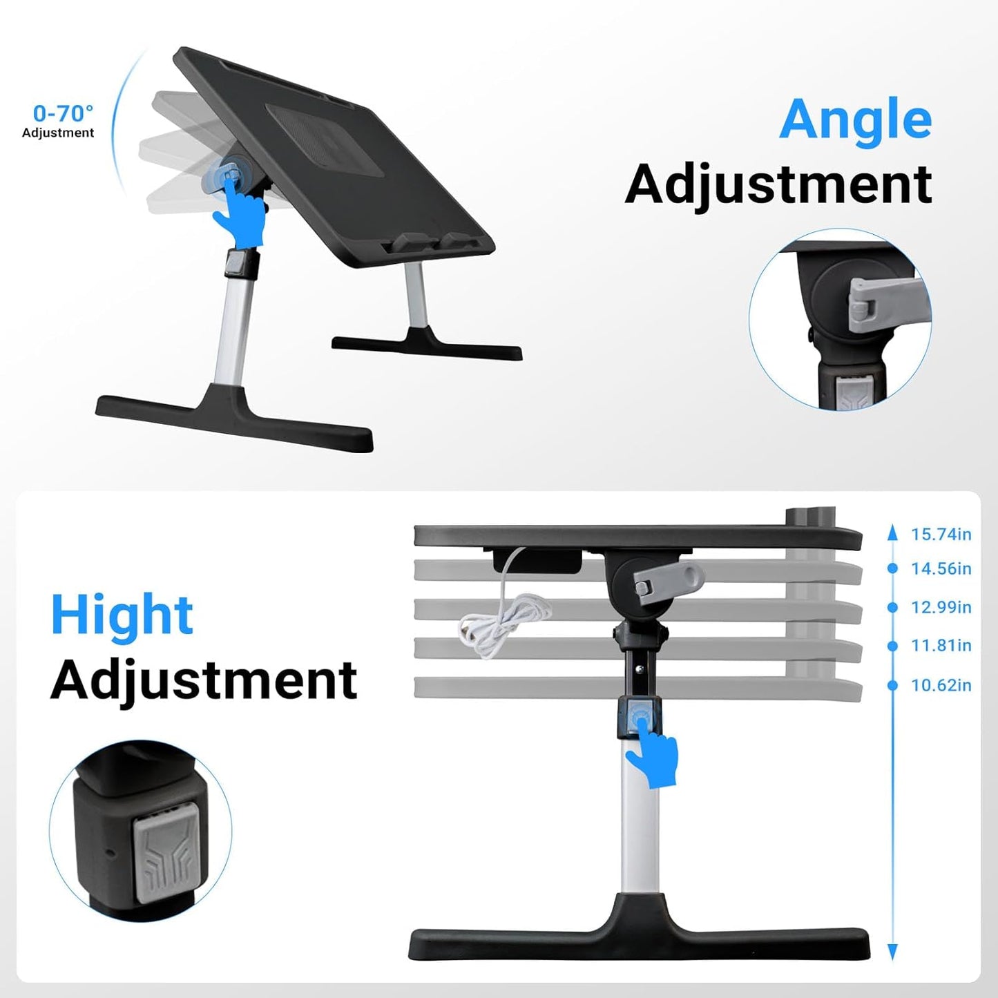 Laptop Lap Desk with Cooling Fan - Adjustable with Light, USB, Storage Drawer - Folding Bed Desk,23.62"*15.74",Black