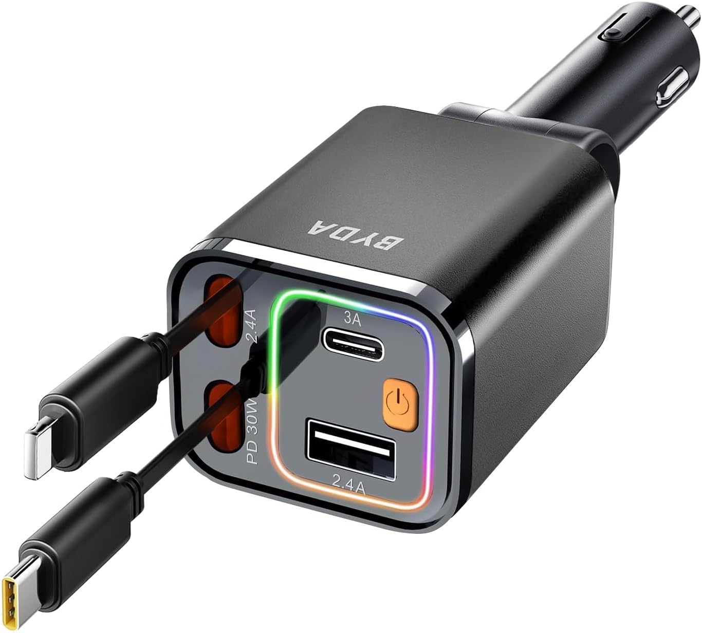 Retractable Car Charger, 4 in 1 Fast Charging USB-C & USB-A Compatible with iPhone 16/15/14/13/12/11 Pro Max, 69W Fast Car-Charger Cigarette Lighter Adapter for Galaxy, Pixel (Light-ning+USB-C) Grey