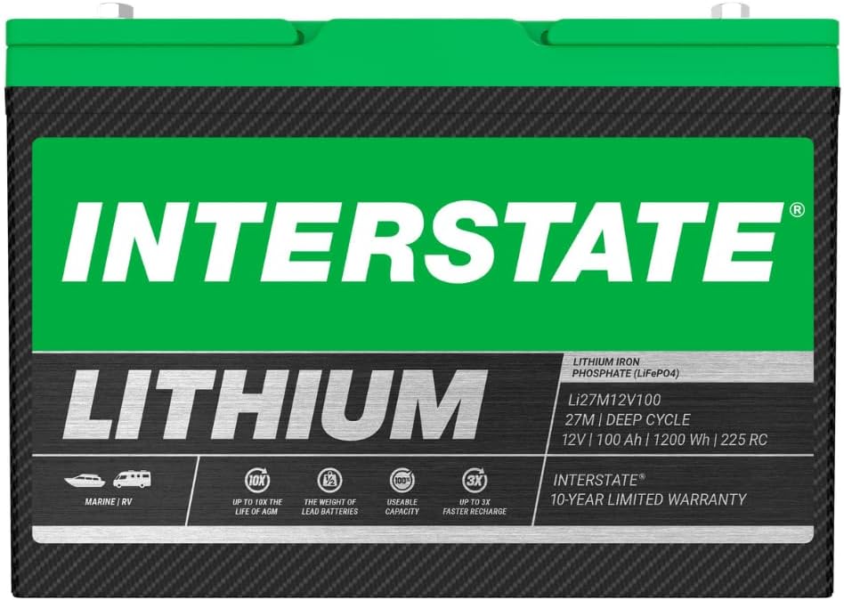 Interstate Batteries 12V 100Ah Group Size 27M Lithium Marine/RV Deep Cycle LiFePO4 Battery, Maintenance Free, Lightweight, Ideal For Boats, RV Camping, Off-Grid, Yachts (Li27M12V100)