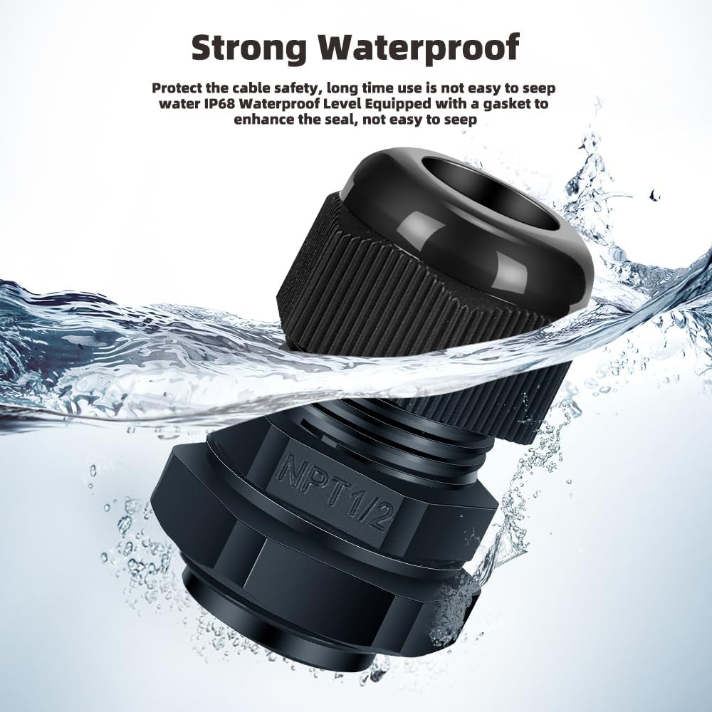 Cable Gland 12 Pack 1/2" NPT Waterproof Adjustable Connector Strain Relief Cord Connectors Joints Nylon with Gaskets…