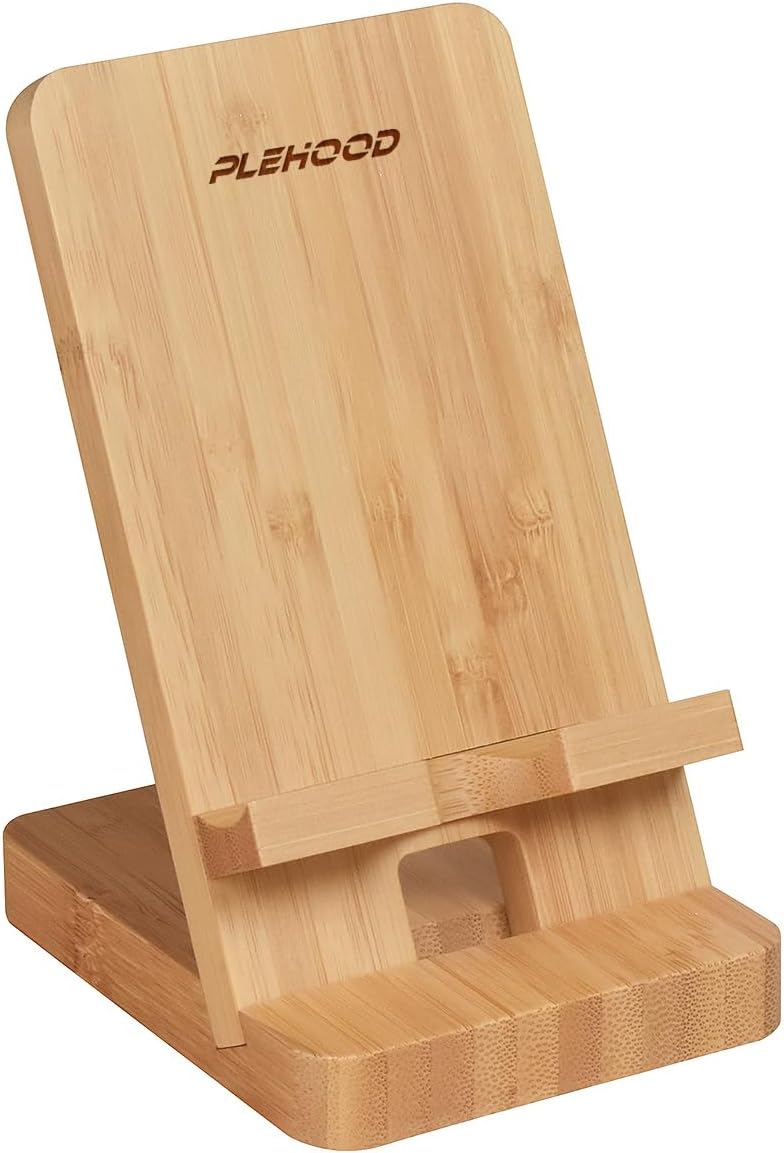 Wood Phone Stand, Desktop Wooden Phone Holder, Portable Office Phone Stand for Desk, Wood ipad Stand， Compatible with iPhone & All Cell Phones (Bamboo)