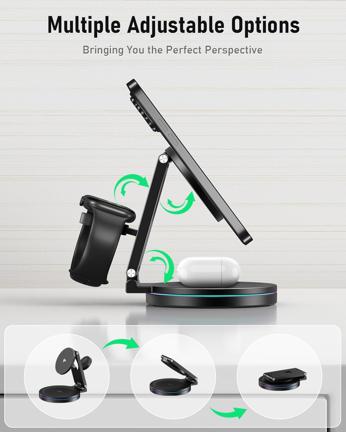 2025 Upgraded Qi2 Foldable 360º Rotatable Zinc Alloy 3 in 1 Magnetic Wireless Charging Station,3-in-1 Qi2 Charger for Apple iPhone 12~16,iWatch,AirPods(30W Adapter & Case Included)(Grey)