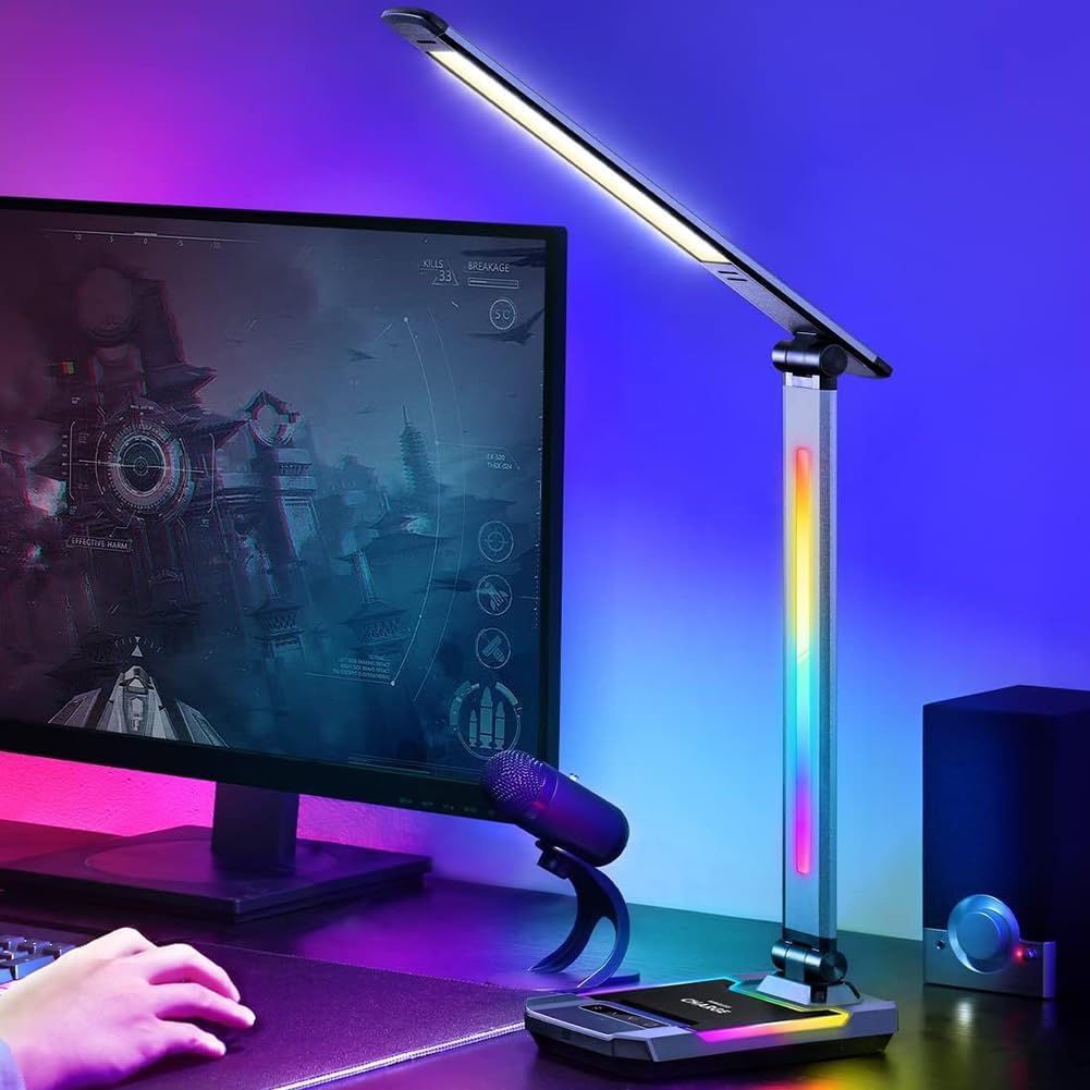 WILIT Gaming Desk Lamp,Music Sync Color Changing Rhythm Light with Wireless Charger and USB Charging Port, LED RGB Ambient Light, Aluminum Alloy Body Touch Table Lamp for PC, Room Decoration(Black)