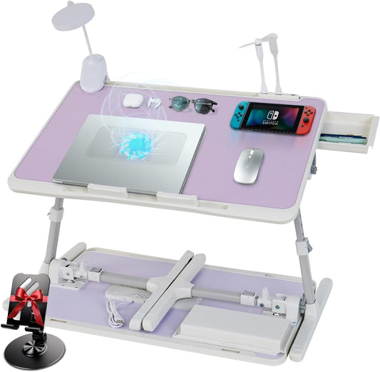 Laptop Lap Desk Include Cooling Fan,Adjustable Lap Desk with Light Fan,Folding Laptop Desk for Bed with USB,Bed Desk with Storage Drawer 60x40cm,Purple