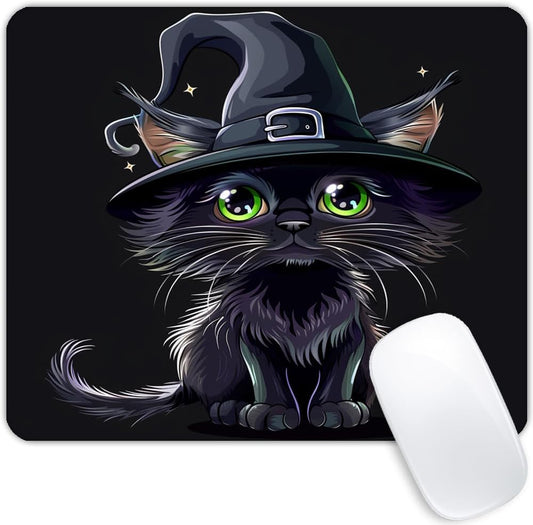 Square Mouse Pad Black Cat with Witch Hat for Halloween-1,Gaming Mouse Pads for Desk,Soft Computer Waterproof Non-Slip Mouse Mat