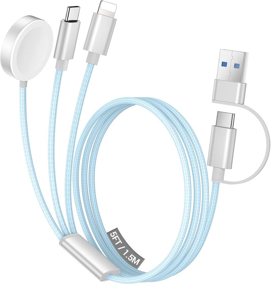 Temdan for Travel Vacation Essentials,3 in 2 USB C Cable for Apple Watch Charger/iPhone 16 Charger/Lightning,Multi Charging Cable Cord,Camping Essentials,Designed for iWatch &iPhone 16-12-5FT Blue