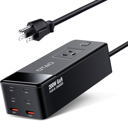 200W Power Station, 7-in-1 GaN Fasting Charging Station USB C Charger Power Strip with AC Adapter for MacBook Laptops iPhone iPad, 4 USB-C+2 USB-A Ports+1 AC Outlets Desktop Accessory for Home Office