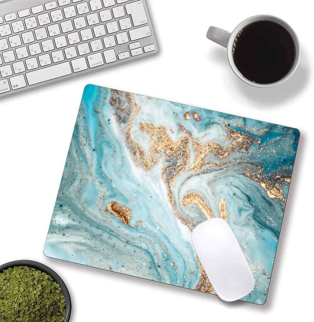 Mouse Pad, Marble Mouse Pad, Premium-Textured Mouse Mat Square Waterproof Non-Slip Rubber Base Computer Mousepads for Office Laptop Desk, Cyan Gold Marbling