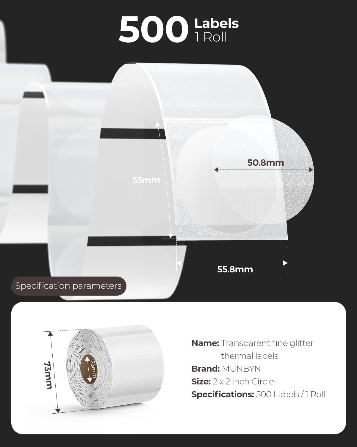 MUNBYN 2 Inch (50.8mmx50.8mm) Silver Fine Glitter Thermal Labels, Round Thermal Printer Stickers for Small Businesses, 500 Labels/1 Roll