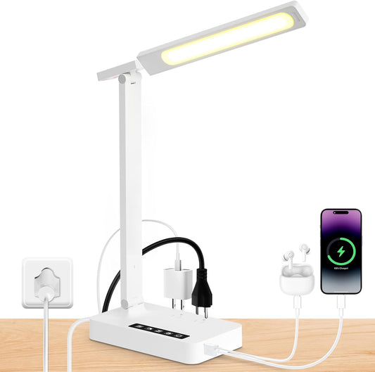 Infiway LED Desk Lamps for Home Office: Desk Lamp with USB Charging Port - 1 USB-A, 1 Type-C Ports, 2 AC Power Outlets, Touch Control Dimmable 5 Color 5 Brightness, Night Light(White)