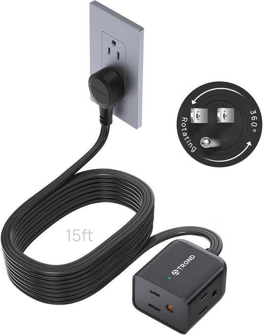 TROND 360° Rotating Flat Plug Extension Cord 15ft, Low Profile Small Power Strip, 3 Side Grounded Outlet, 13A, SPT 16/3 Gauge Cable for Indoor Home Office Kitchen Cruise Travel Essentials, Black