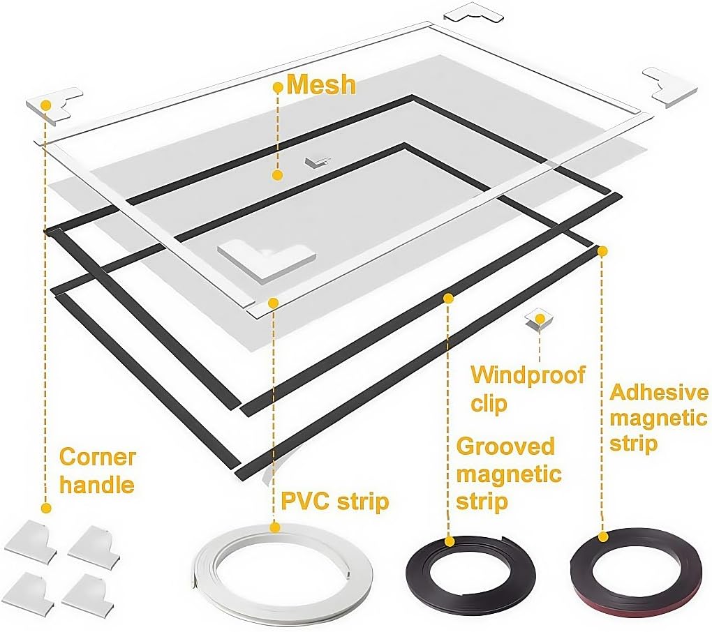 VKX Adjustable DIY Magnetic Window Screen, Fiberglass Mesh, Strong(720GS) Magnetic Strips, White Frames Grey Mesh, Suitable for Various Types of Screen Windows (45"x49")